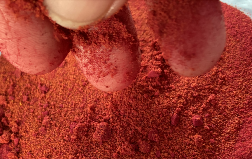 A close up of fingers sifting orange-red powder.